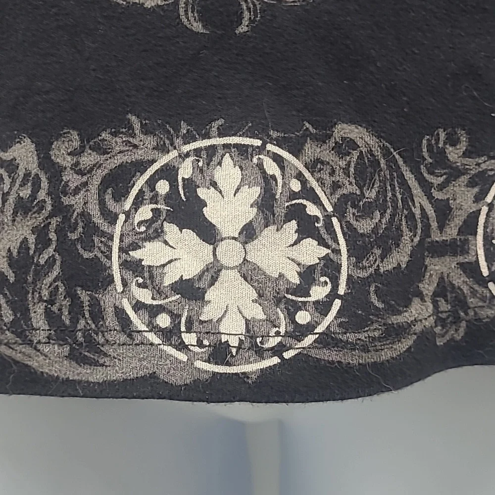 Vintage Y2K Black Gold Lace Beaded Scroll Cross Top Long Sleeve Glam Gothic